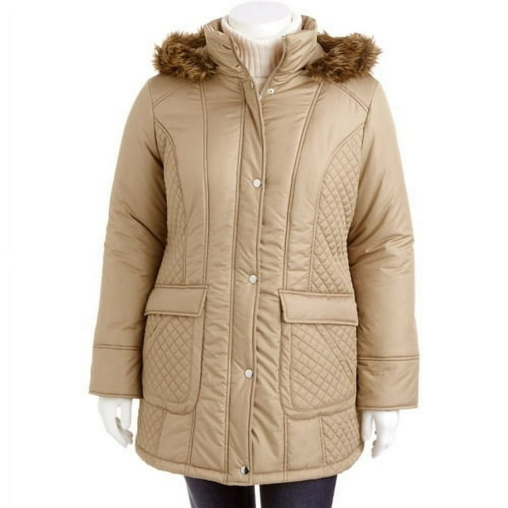 White Stag Quilted Puffer Coat with Faux Fur Hood 2X - Picture 2 of 8